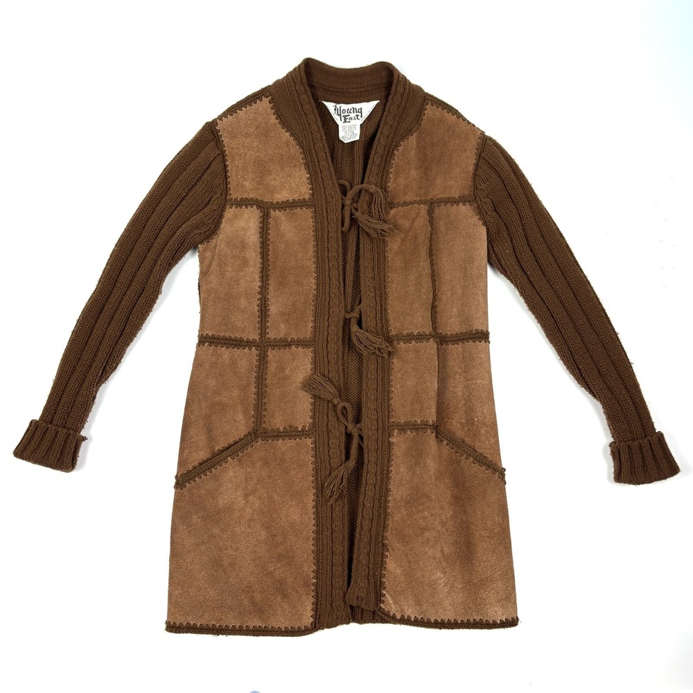 VTG 70s Young East Crochet Patchwork Suede &‎ Knit Tie Front Cardigan Womens 7/8